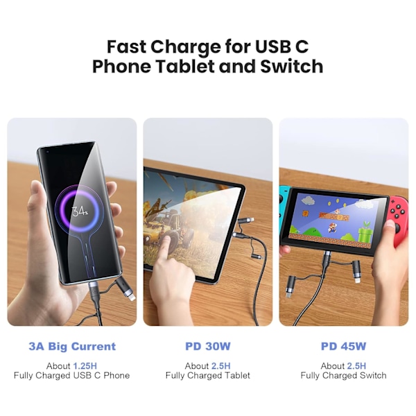 PD 60W USB-C Multi Snabbladdningskabel Nylonflätad Sladd 5-i-1 3A USB/C till Typ C/Micro/Telefon Snabb Synkroniseringsladdare Adapter 1,2 meter Black