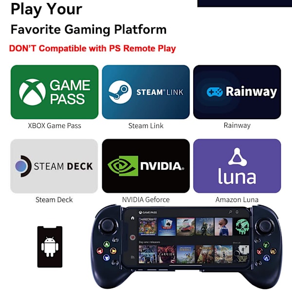 Mobilspelkontroll för Android med 4 mappningsknappar, trådlös Bluetooth-spelkontroll designad för Xbox Game Pass Ultimate, Steam Link, GeForce NOW (F Black