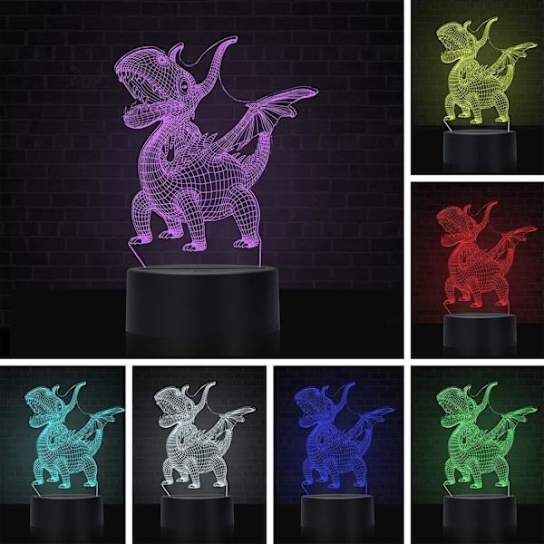 Børnenatlys med dinosaurmotiv, 3D-illusion natlampe, USB LED bordlampe med smart berøringsdæmper, 7 farveskiftende lys, værelsesdekoration, gaver til børn
