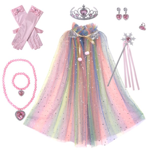 Princesse Tulle Kappe med Krone Halskæde Armbånd Tryllestav Prinsesse Udklædningstøj til Små Piger Børn Multicolour+Pink Jewelry S(65CM)