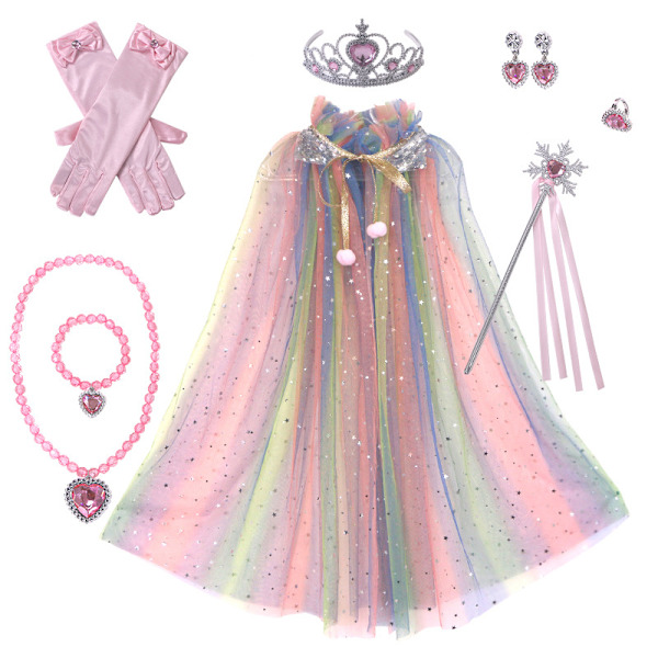 Prinsses Tulle Manteau med Krona Halsband Armband Trollstav Prinsessa Klä Ut Kläder för Liten Flicka Småbarn Multicolour+Pink Jewelry S(65CM)