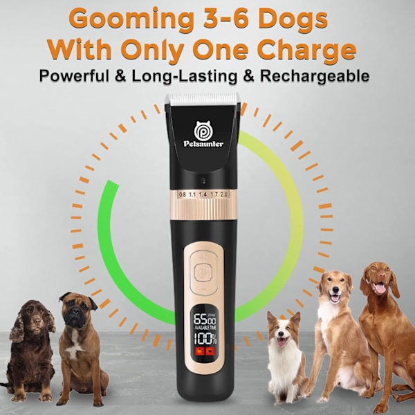 Hundtrimmer för Pälsvård, 4 Hastigheter & LCD, Tyst Elektrisk Trimmer för Pälsvård, Sladdlös Uppladdningsbar Hundhårstrimmer, Super Qu