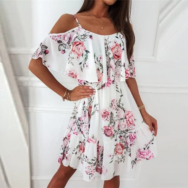 Off Shoulder Hengende Stropp Trykket Chiffon Kjole (Hvit L)