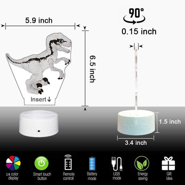 Dinosaur 3D Illusion Lampe Natlys til Børn Sengbordlampe