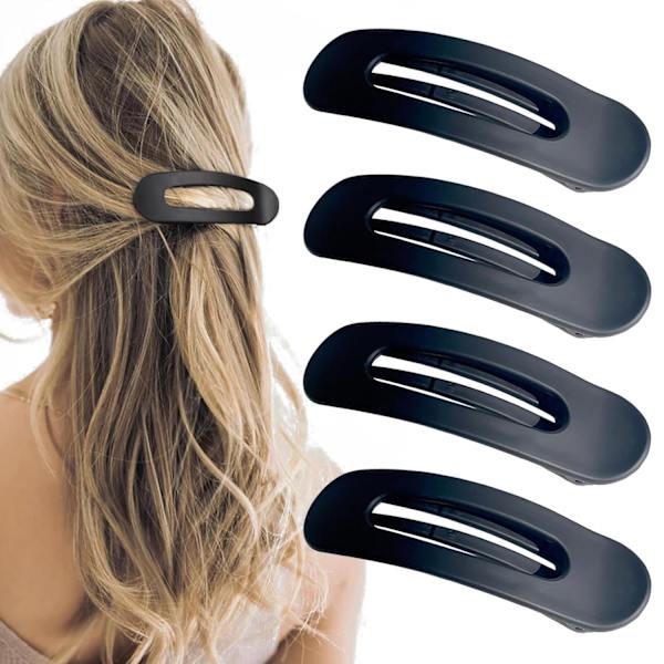 Svart flate klokkeklemmer - flate hårklemmer for kvinner | Legg ned hårklemme for tynt og tykt hår | Store flate klemmer for hår  4 stk Black