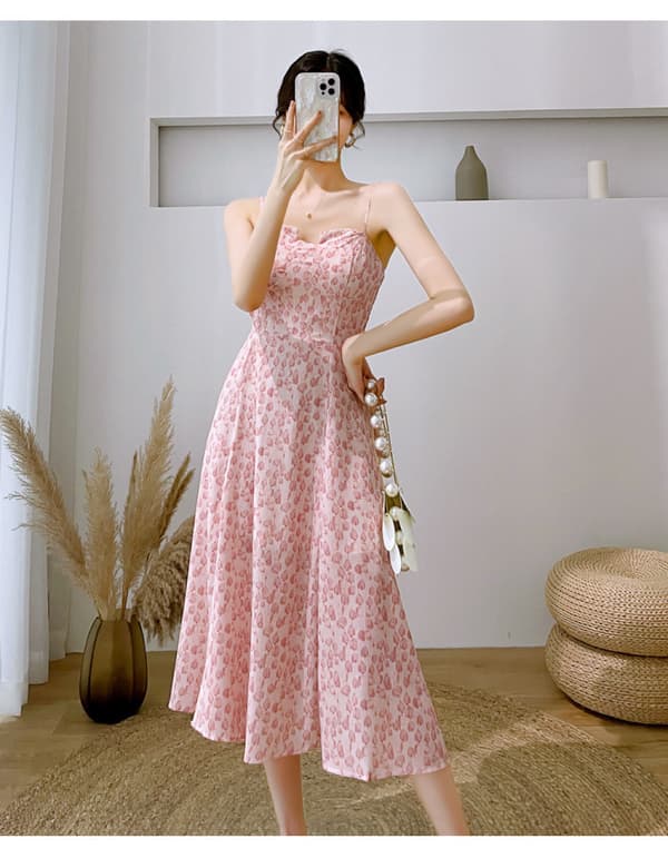Ermeløs Chiffon Kjole med Stropper for Kvinner (Rosa M)