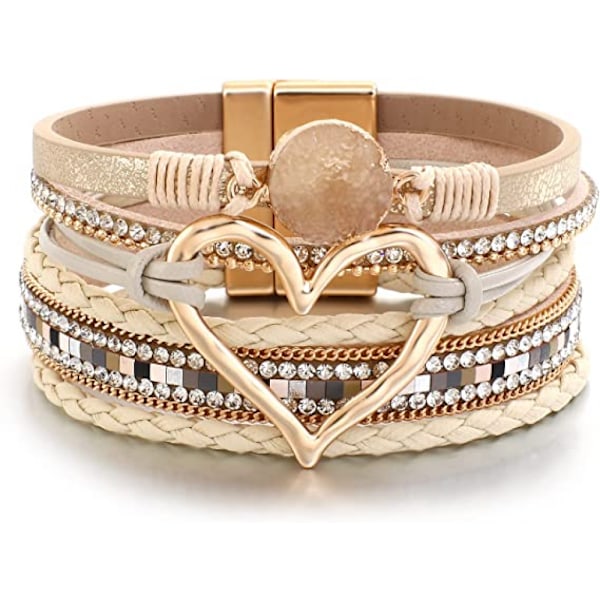 Läderlindat armband Damarmband med pärlor Hjärta
