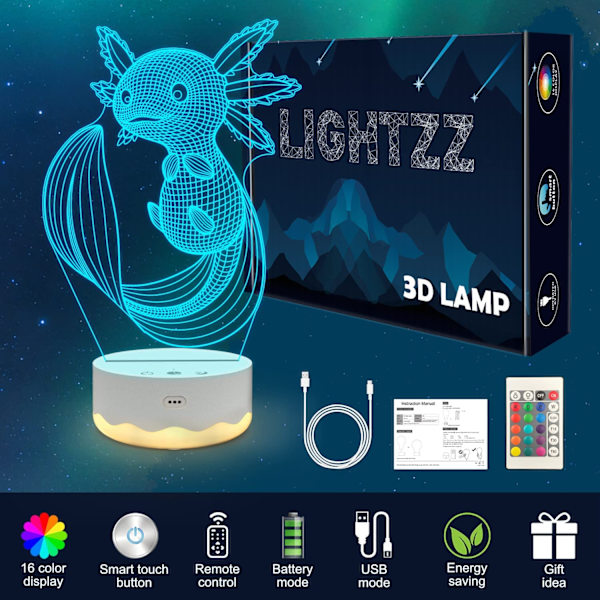 Axolotl Nattlampa, 3D Illusionslampa med Fjärrkontroll + Touch 16 Färger Blinkande Växlande + Timer Skrivbordslampor Barnrumsdekoration Bästa Festivalfödelsedagspresenter
