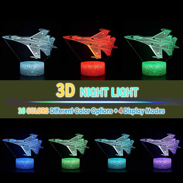 Jagerfly 3D Illusionslampe Flyplass Soverom Dekor Nattelys Fjernkontroll Gaver til Menn, Barn, Gutter, Jenter, Fedre, Tenåringer