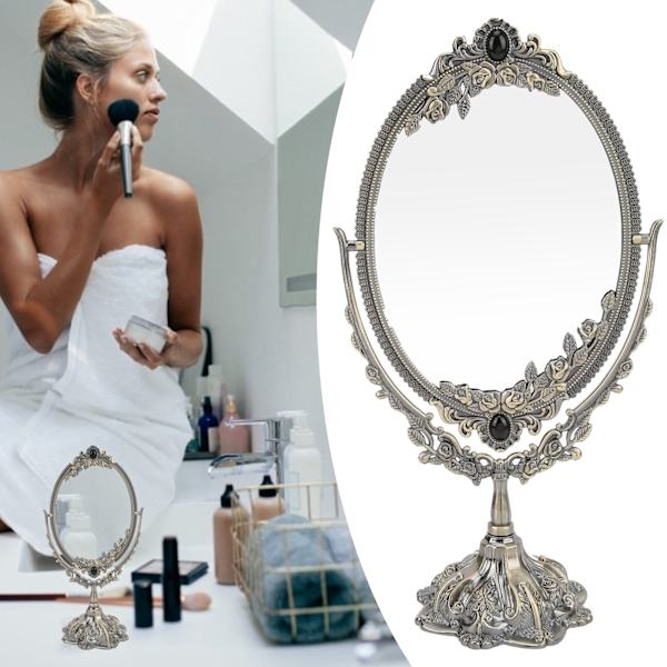 SminkeSpeil EuropeiskStil Metall Retro Dobbeltsidig Speil for Bad Soverom Dressing Bronse Large