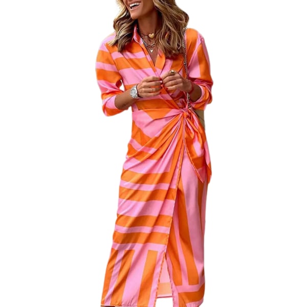ted Lapel Tie Shirt Wrap Dress Midi Dress (Orange og Pink S)