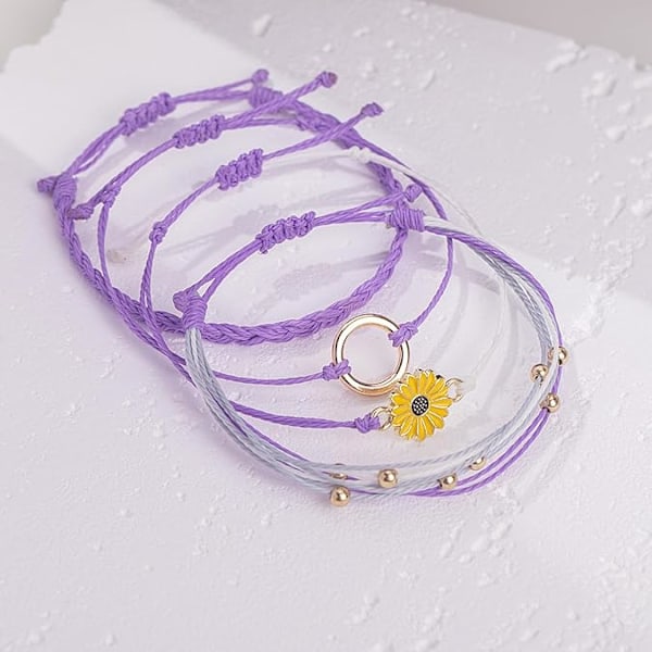 Solsikke-snor-armbånd Håndlaget flettet tau med sjarm Boho Surfer-armbånd for kvinner Purple