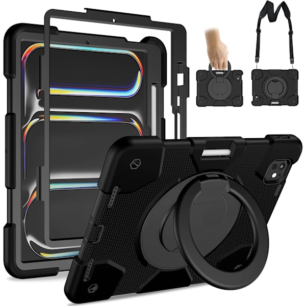 Etui for iPad Pro 11 tommer 2024 (M4) 5. generasjon, kraftig støtsikkert deksel med 360° roterende håndtak/brakett/pennholder/Sk Black iPad pro11 2024