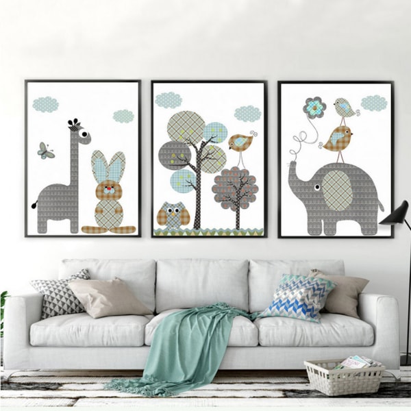 Grid Cartoon Animals Wall Art Canvas- print , Simple Cute Simple Strokes Art