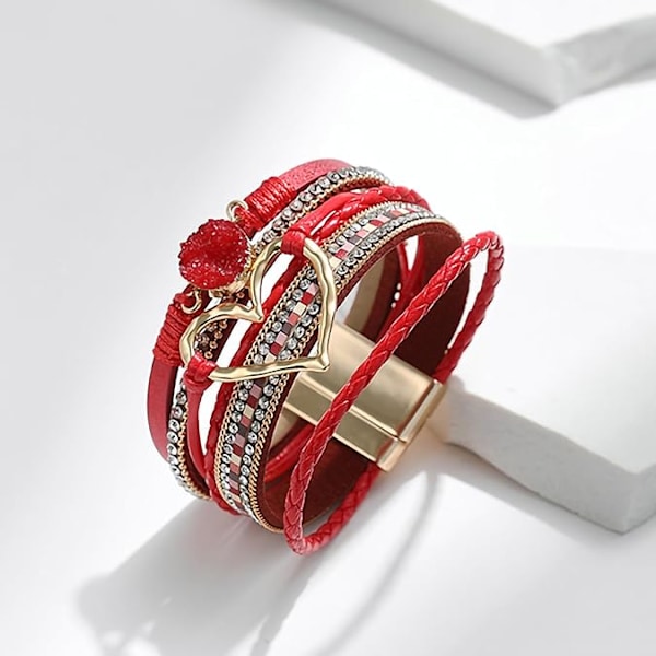 Leopard Armbånd til Kvinder, Boho Læder Wrap Multi-Layer Perle Krystal Armbånd Bangle Smykker Red