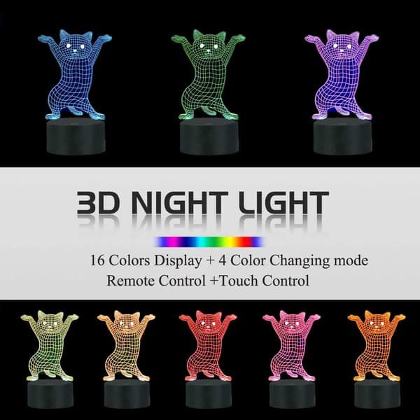 Dansekat 3D Illusion Sød Natlampe, 16 Farver Skiftende