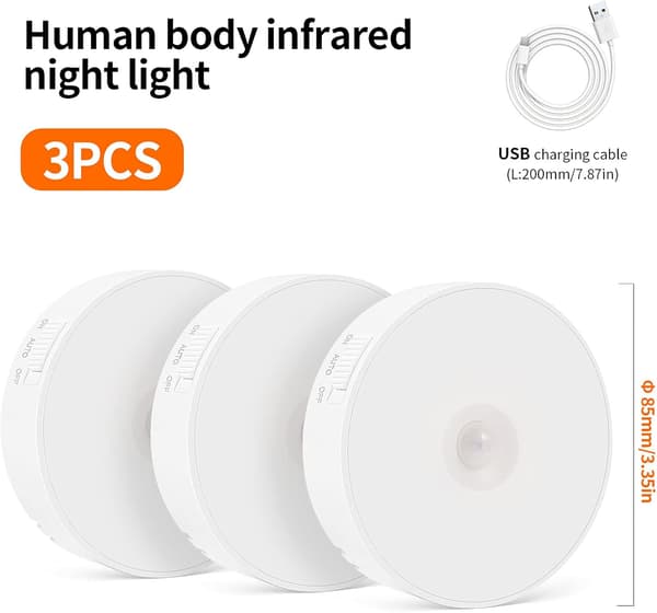 LED-nattlys med bevegelsessensor, oppladbar via USB (varm hvit)