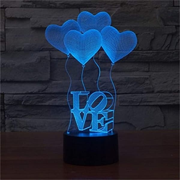 3D Illusion 4 Kærlighedshjerte Balloner Natlampe, USB 7 Farver C