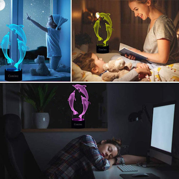 Delfin 3D Illusion Natlampe Legetøj, 16 Farver Skifter Smart