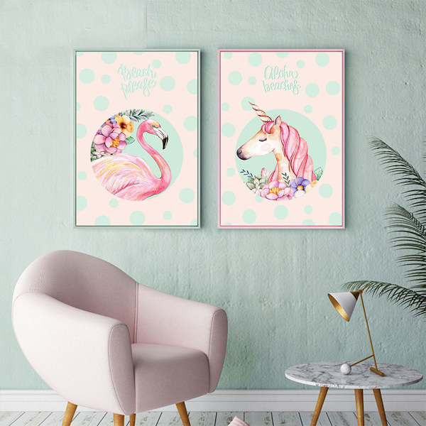 Enhjørninger og flamingoer vægkunst lærredstryk plakat, enkel mode dame stil A