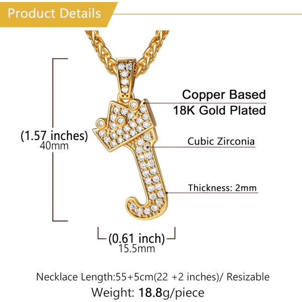 Krone Initial A-Z Halskæde, Iced Out Bogstav Vedhæng med 22-24 Tommer Kæde, Mænd Kvinder Bling Hip Hop Alfabet Navn Smykker Gave Store Initialer Halskæder J 18K Gold