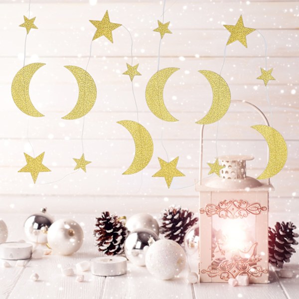 5 stjärnor måne banderoller guld glänsande utsökt Eid Mubarak hängande banderoller för Ramadan bakgrundsdekoration
