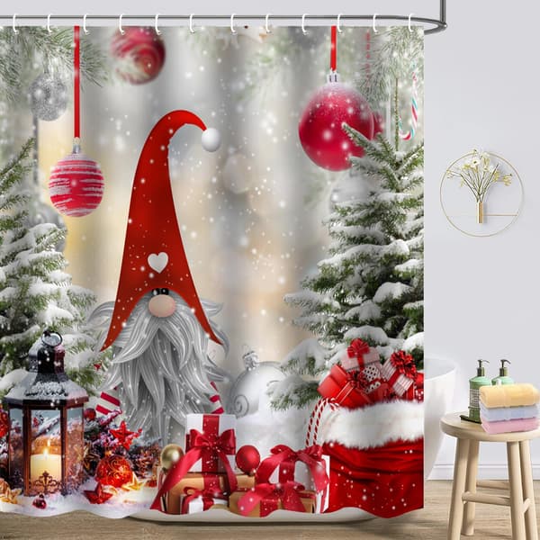 Vinter julebadeforhængssæt - Sødt nisse-dværgdesign 72x72 tommer badeværelsesindretning