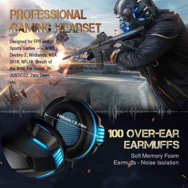 Gaming Headset til Xbox One, PS4, PC, Over Ear Gaming Hovedtelefoner med Støjreducerende Mic LED Lys, Stereo Bass Surround, Bløde Hukommelsesørepude til