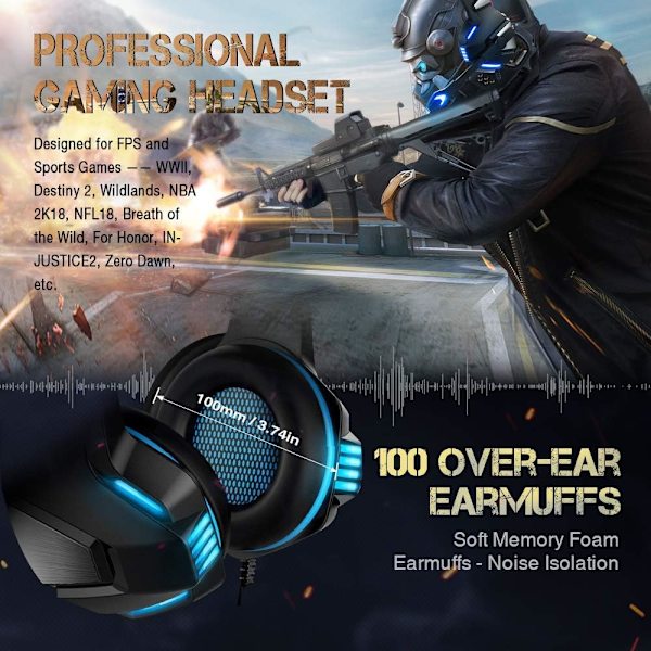 Spelheadset för Xbox One, PS4, PC, Öronmuffar med brusreducerande mikrofon LED-ljus, Stereo Bass Surround, Mjuka minnesskum öronkuddar för