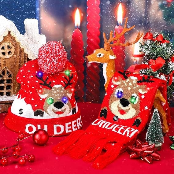LED Lysende Julelue og Skjerfsett - Blinkende Lue og Strikket Skjerf for Julefester A