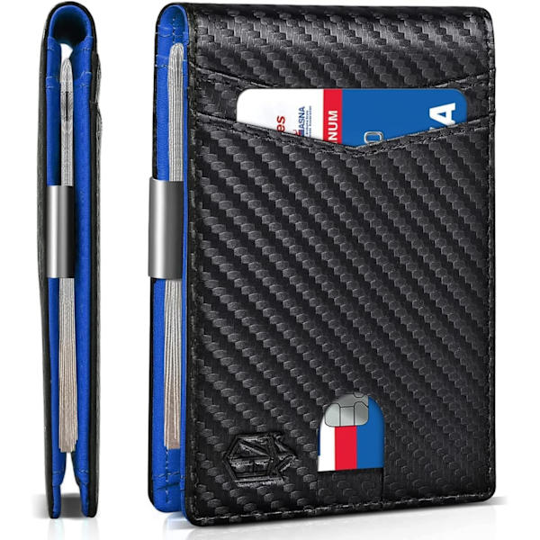 Slim Plånbok för Män Present 12 Kortplatser ID-Fönster med Pengaclip Minimalistisk RFID Främre Fickan Bifold Läder Liten Tunn Presentask Pappa Födelsedag Christ Carbon Black and Blue