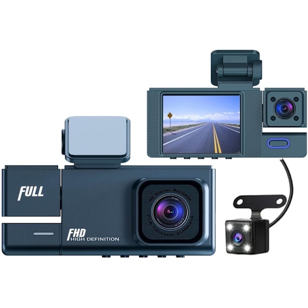 Dashcam fram, inuti, bak 1080P FHD för bilar, tre linser 2 tums display bilskrivare med 170 ° ultra vidvinkel, stödjer 128G, infraröd nattvisio