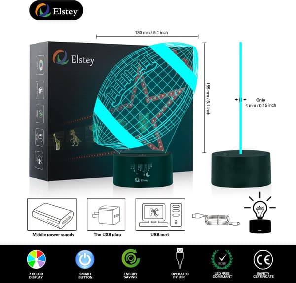 Fodbold 3D Lampe Optisk Illusion Natlampe, Elstey 7 Farver