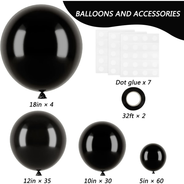 129 st svarta latexballonger i olika storlekar 18 12 10 5 tum festballongset för födelsedagsfest examen babyshower bröllopsballongdekoration Black