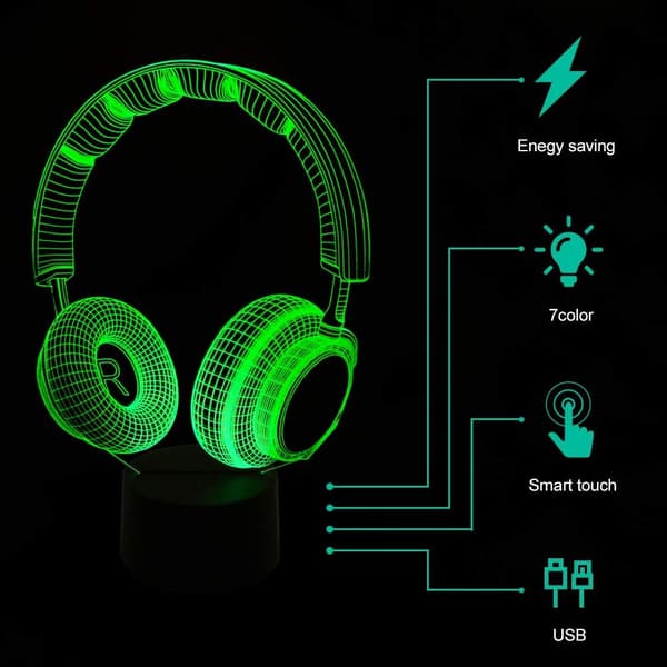 3D Illusion Hovedtelefon Headset Natlampe 7 Farver Skiftende