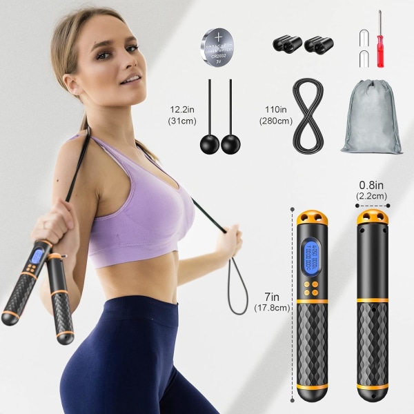Smart hopprep, Fitness Hopprep med vikt/varv/tid/kalorirekord, Justerbar digital räkning Hopprep för hemgym, Sladdlös Hopprep