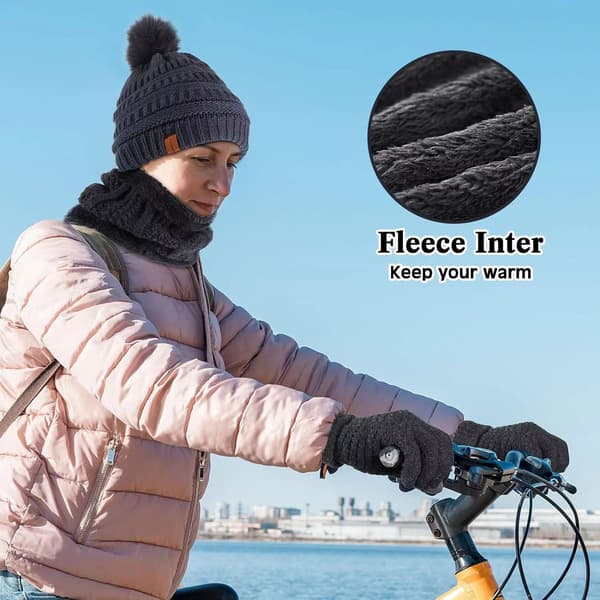5-pack Vintermössa, Halsduk, Vantar Set Stickad Satinfodrad Pompom Beanie Varma Touchscreen Vantar Öronmuffar Värmare för Kvinnor Black