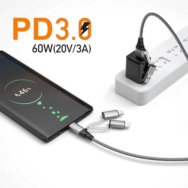 5-i-1 USB-C Multi Rask Ladingskabel PD 60W 3A Datasynk Nylonflettet Kabel USB A/C til Type C/Micro/iPhone Adapter QC Rask Lading 1 meter
