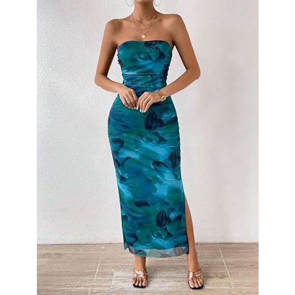 Sommerkjole til kvinder med print, stropløs tube top kjole, bodycon maxikjole med sideslids og lag af mesh M