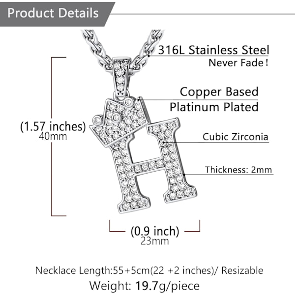 Krone Initial A-Z Halskjede, Iced Out Bokstavanheng med 22-24 Tommers Kjede, Menn Kvinner Bling Hip Hop Alfabet Navn Smykker Gave Store Initialer Halskjeder H Silver