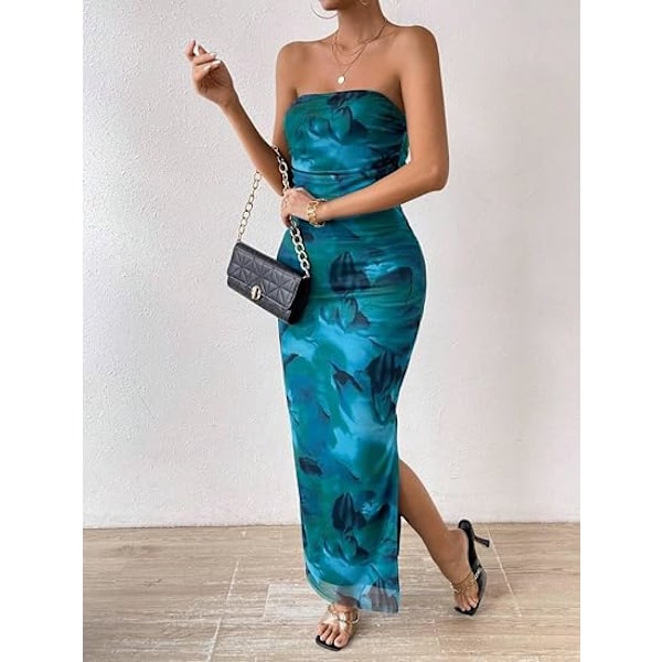 Sommerkjole til kvinder med print, stropløs tube top kjole, bodycon maxikjole med sideslids og lag af mesh M