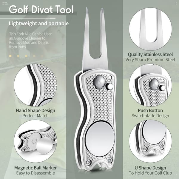 4-delt foldbart divot-reparationsværktøj med magnetisk boldmarkør, rustfrit stål springknivdesign til golftilbehør, gaver og præmier Silver