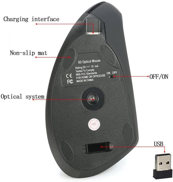 Langaton pystyhiiri Ergonominen ladattava 3 DPI O