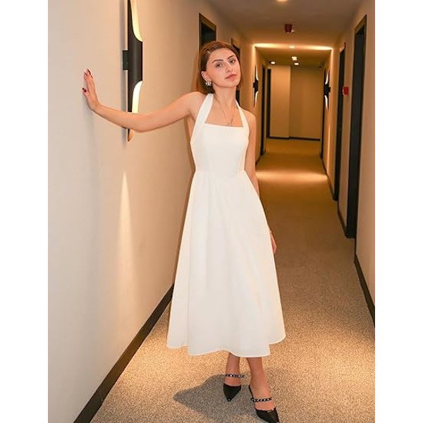 Dame Sommer Ærmeløs Halter Midi Kjole 2025 Off Shoulder Høj Talje Swing Flowy Strand Lange Kjoler L
