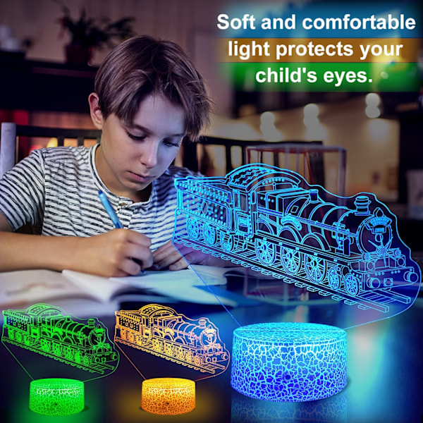 Toglampe til Børn Seje Gaver 3D Tog Natlampe med Fjernbetjening & Smart Touch 7 Farver + 16 Farver Skiftende Dæmpbar Tog Legetøj til 3 4 5 6 7 8 År