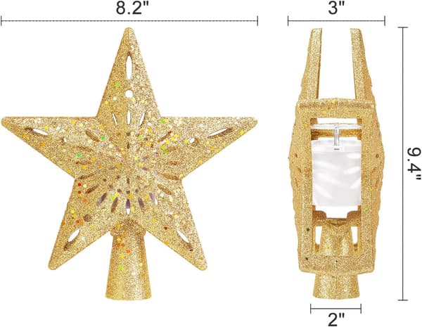 3D Glitter Juletrestjerne Topp - 6 LED Roterende Projiserte Mønstre, Belyst Julepynt og Gave til Fester Gold