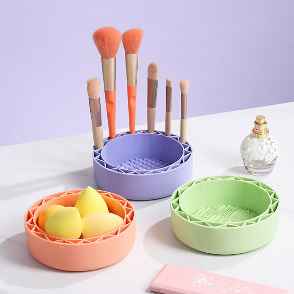 3 in 1 -meikkisivellinpuhdistin, silikoninen sivellinpuhdistusmatto, sivellinteline, kulho, kannettava puhdistustyökalu (oranssi) Orange