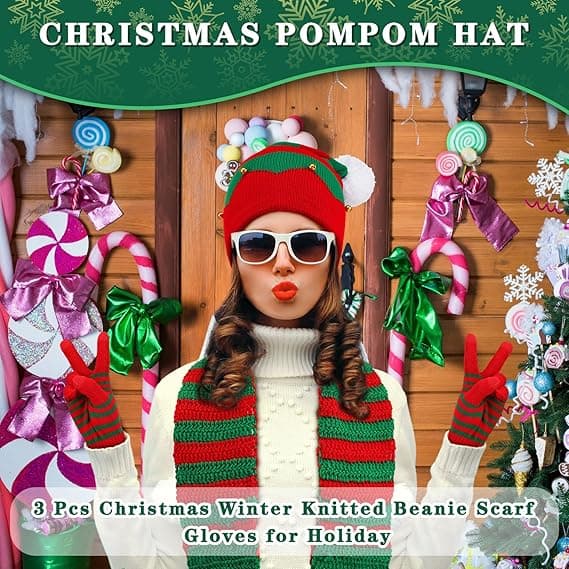 Vinter Jul Stickad Mössa Halsduk Handskar Set - Festlig Tomte/Alv Stil Varma Tillbehör för Julklappar A