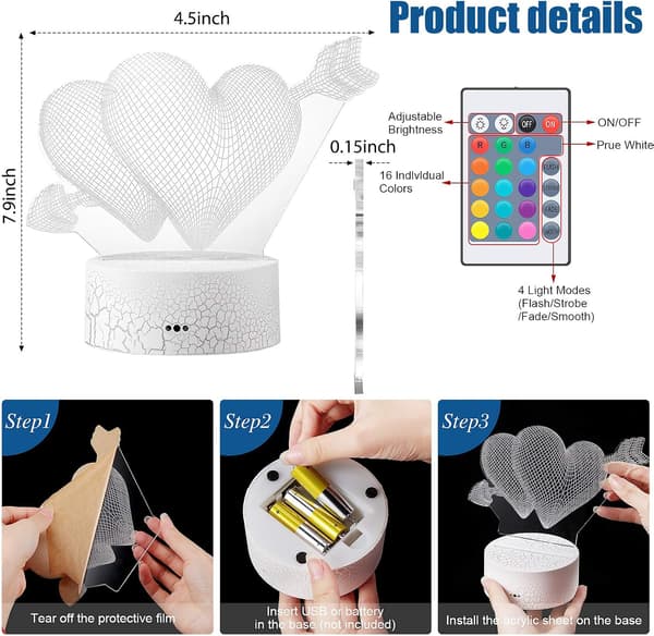 3D Kærlighed Amor Lampe, Romantisk Kærligheds Illusion Lys 16 Farver C