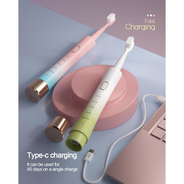 Gradient Genopladelig Sonisk Elektrisk Tandbørste til Voksne, 5 Tilstande med Smart Timer, 8 Udskiftelige Børstehoveder med Bløde Børstehår, Perfekt til Hjemmet, Rejser White